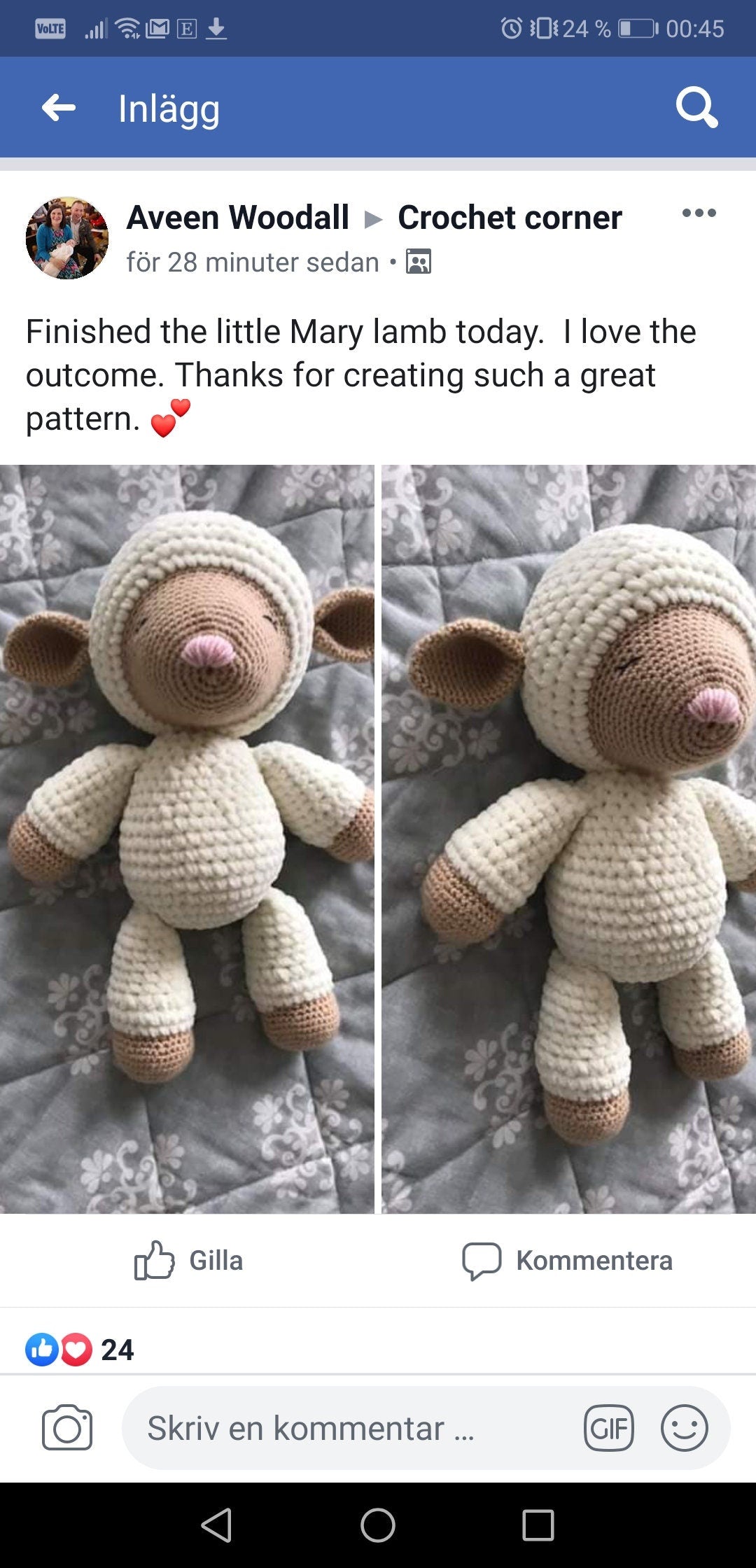 Crocheted lamb toy with side-by-side comparison on a social media post.
